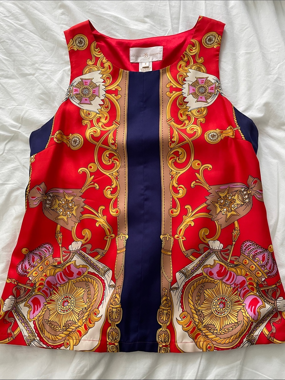 JB by Julie Brown Red, Navy & Gold Silk Top size 8